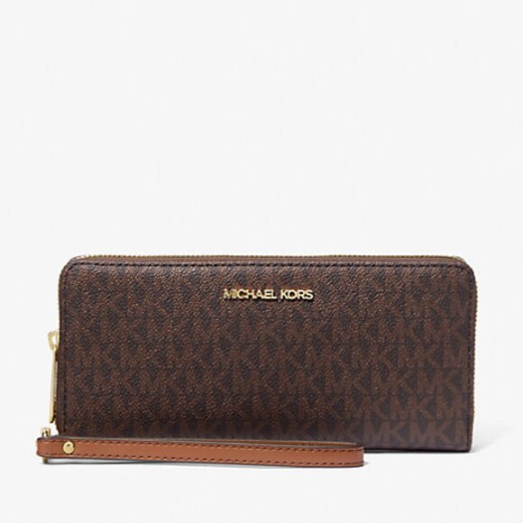 New Michael Kors Jet Set Large Travel Continental wallet PVC Brown - Picture 1 of 4